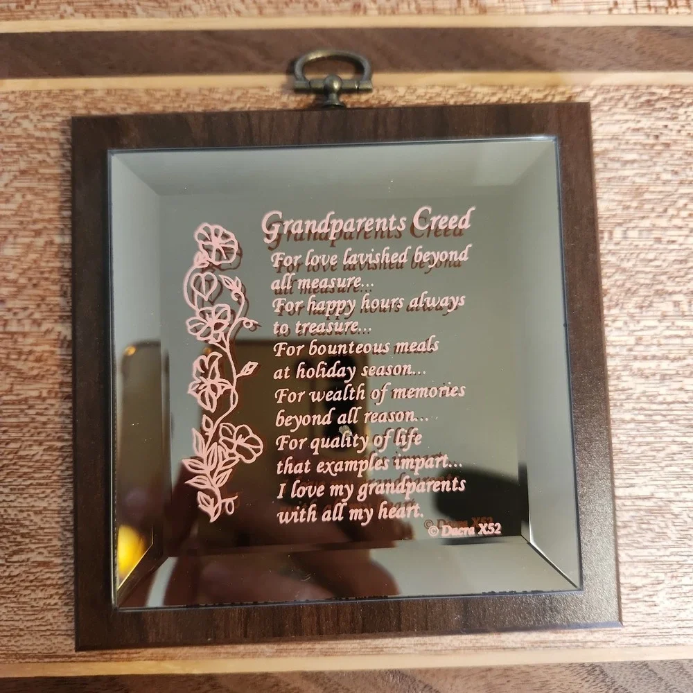 Vintage Dacra X52 Grandparents Creed Beveled Mirror Wall Plaque Floral Wood Gift